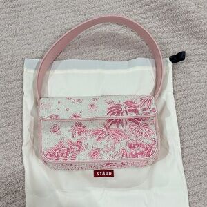 STAUD Pink Beaded Floral Shoulder Bag